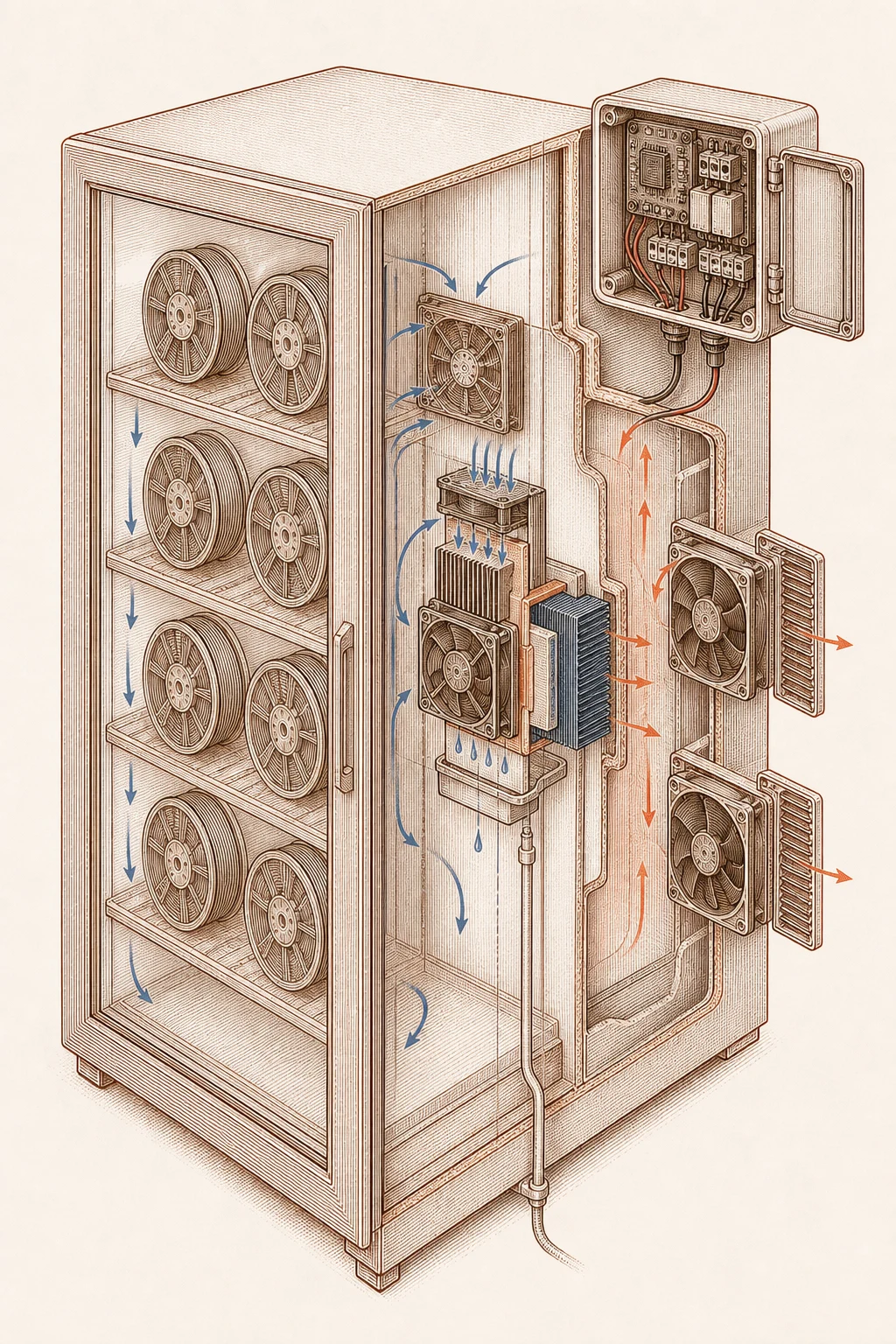 Exploded engineering illustration of the converted filament drying cabinet